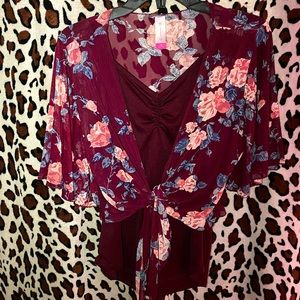 Burgandy flower print dress shirt